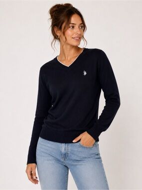 U.S. Polo Assn Women’s Large Navy V Neck Knit Sweater Long Sleeve Classic